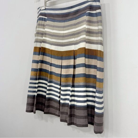 Banana Republic Brown Blue Cream Horizontal Striped A Line Pleated Linen Skirt - Picture 5 of 15